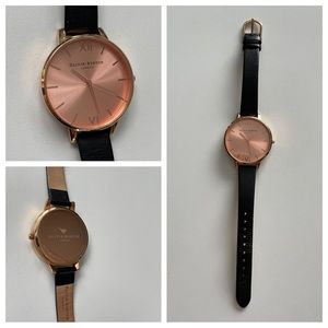 Olivia Burton Rose Gold with Black Leather Strap Watch